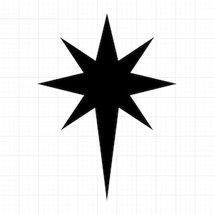May include: A solid black eight-pointed star graphic. The star has sharp, elongated points radiating from a central core. The design is a simple, bold silhouette, suitable for various applications.