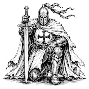 Pode incluir: Uma ilustração a preto e branco estilo tinta de um cavaleiro ajoelhado com armadura completa, vestindo uma capa longa e esfarrapada com um emblema de cruz no peito. O cavaleiro segura uma grande espada vertical com ambas as mãos.