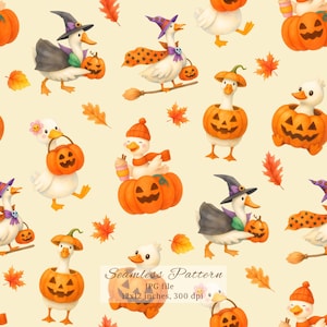 Op de afbeelding: Een naadloos patroon met cartoon ganzen in Halloween kostuums. De ganzen dragen heksenhoeden, capes en houden pompoenlantaarns vast. De achtergrond is lichtgeel met verspreide oranje bladeren. De tekst "Seamless Pattern" staat onderaan.