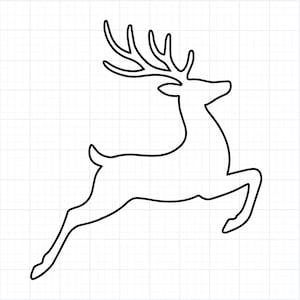 May include: A black outline illustration of a reindeer in mid-leap. The reindeer has large antlers and is depicted in a minimalist style. The background is a grid pattern.