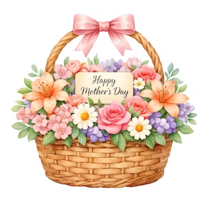 May include: A watercolour illustration of a wicker basket filled with vibrant flowers. The arrangement features pink roses, orange lilies, and purple hydrangeas. A pink bow decorates the handle, and a card reads "Happy Mother's Day."