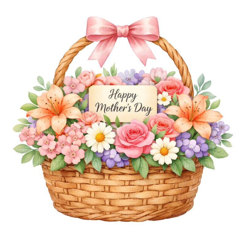 May include: A watercolour illustration of a wicker basket filled with vibrant flowers. The arrangement features pink roses, orange lilies, and purple hydrangeas. A pink bow decorates the handle, and a card reads "Happy Mother's Day."