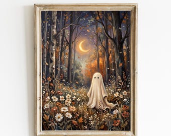 May include: A framed wall art print depicting a white ghost standing in a field of white and orange flowers within a forest at night. A crescent moon glows in the dark sky above the trees, while autumn leaves drift through the air in the scene.