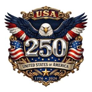 Puede incluir: Un emblema patri&oacute;tico con un &aacute;guila calva con las alas extendidas, la bandera estadounidense y los textos "USA" y "250". El dise&ntilde;o incluye las palabras "United States of America" y los a&ntilde;os "1776" y "2026".