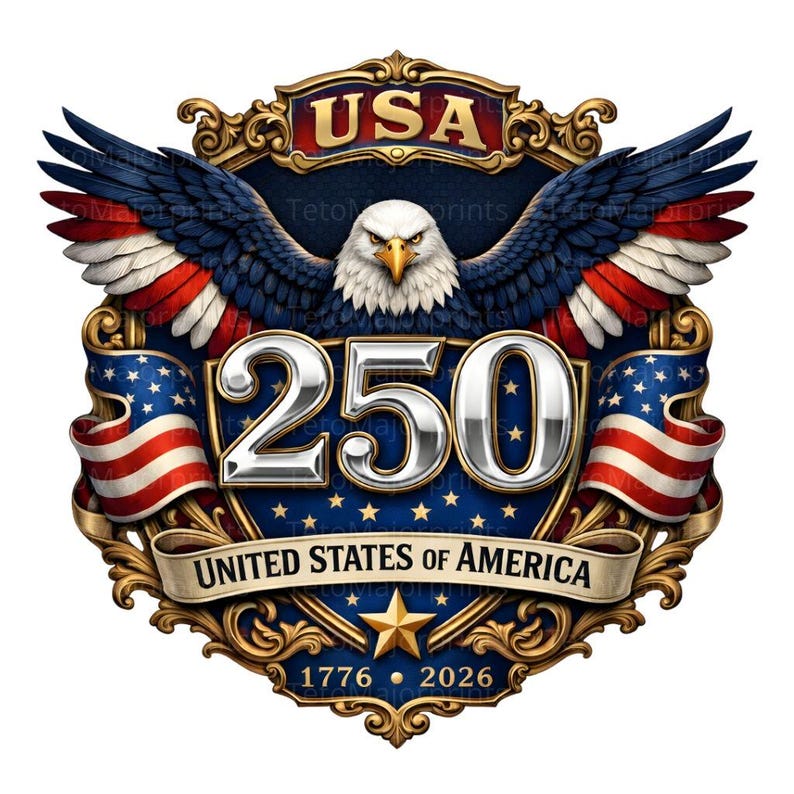 Puede incluir: Un emblema patri&oacute;tico con un &aacute;guila calva con las alas extendidas, la bandera estadounidense y los textos "USA" y "250". El dise&ntilde;o incluye las palabras "United States of America" y los a&ntilde;os "1776" y "2026".