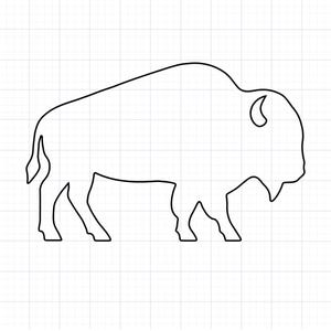 May include: A black outline of a bison, a large North American mammal, is depicted in a side profile. The bison is shown standing with its four legs visible, and its head features a curved horn and a beard. The background is a grid pattern.