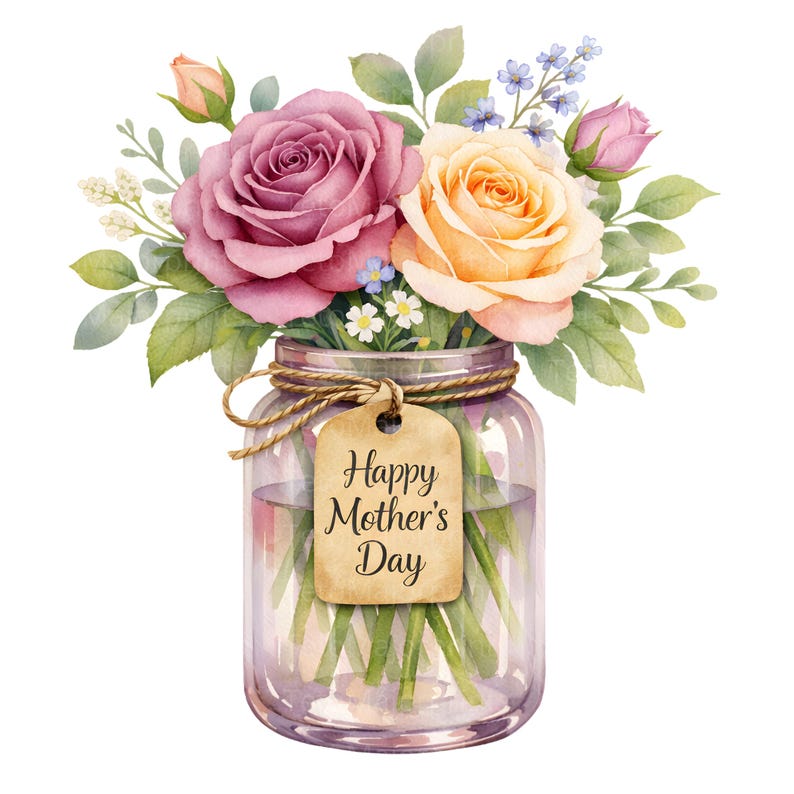 May include: A watercolour illustration of a floral arrangement in a glass jar. The bouquet features pink and peach roses, green foliage, and small blue and white flowers. A tag tied to the jar reads "Happy Mother's Day".
