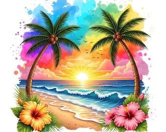 Tropical Beach Sunset PNG Palm Trees Ocean Hibiscus Flowers Summer Clipart