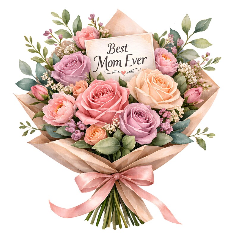May include: A watercolour bouquet of roses in shades of pink, peach, and lavender, wrapped in brown paper and tied with a pink ribbon. A card with the text "Best Mom Ever" is nestled among the flowers.