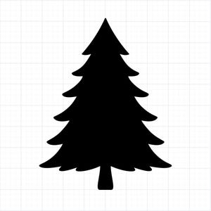 May include: A black silhouette of a Christmas tree. The tree has a triangular shape with multiple layers of branches, and a small trunk at the bottom. The background is a white grid pattern.