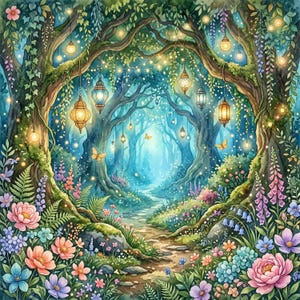 May include: A digital illustration of a forest path framed by large trees with hanging lanterns and string lights. The scene features colourful flowers, including pink peonies and purple foxgloves, with small yellow butterflies in the air.