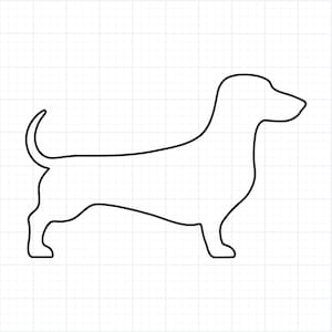 Può includere: Illustrazione in bianco e nero di un cane bassotto di profilo. Il cane ha un corpo lungo, zampe corte e una coda curva. Lo sfondo è una griglia bianca.