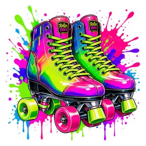 May include: A pair of colorful roller skates with a rainbow gradient design. The skates feature neon green laces and wheels, with the text "Roller Vibes" on the tongue. Splatter paint in pink, green, and blue surrounds the skates.