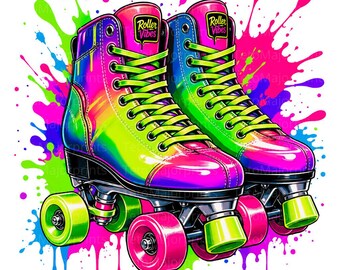 Retro Roller Skates PNG Neon 80s Disco Vibes Rink Party Sublimation Design