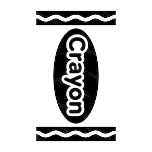 May include: A black and white graphic design featuring a central vertical oval containing the word Crayon in a bold, rounded font. Above and below the oval are horizontal bands with a repeating wavy line pattern, creating a stylized label.
