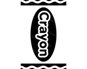 Puede incluir: Un diseño gráfico en blanco y negro que presenta un óvalo vertical central con la palabra Crayon en una fuente negrita y redondeada. Arriba y abajo del óvalo hay bandas horizontales con un patrón de líneas onduladas repetitivas.