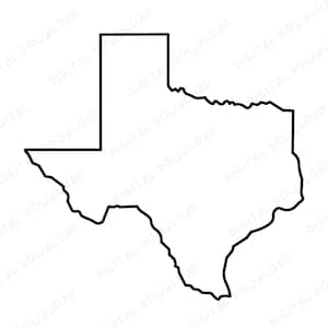 May include: A black outline of the state of Texas, with its distinctive shape clearly defined. The image is a simple, minimalist design, perfect for digital applications or print. The text "DIGITAL DOWNLOAD" is watermarked across the image.