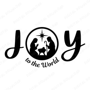 May include: Black and white graphic with the word "JOY" in a stylized font. The letter "O" is a circle containing silhouettes of Mary, Joseph, and baby Jesus, with a star above. The words "to the World" are below.