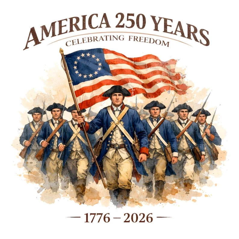 May include: An illustration depicting soldiers in blue coats and black hats, marching with rifles and an American flag. The flag features red and white stripes and a blue field of stars. Text reads "AMERICA 250 YEARS CELEBRATING FREEDOM" and "1776-2026".