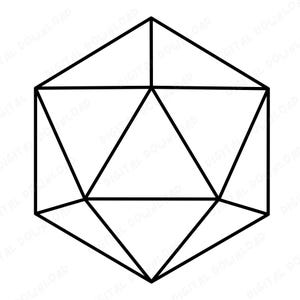 May include: A black and white geometric illustration of a 3D shape, resembling a truncated icosahedron. The shape is composed of interconnected lines forming triangular and pentagonal faces, creating a symmetrical design.