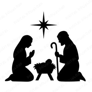 Op de afbeelding: Zwart silhouet van de kerststal. Maria en Jozef knielen naast het kindje Jezus in een kribbe, met een ster erboven. Digitale download.