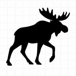 May include: A black silhouette of a moose walking to the right. The moose has large antlers and is set against a white background with a subtle grid pattern.