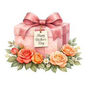 May include: A watercolour illustration of a pink gift box with a matching bow and a tag that reads "Happy Mother's Day." The box is surrounded by orange and pink roses and green leaves.