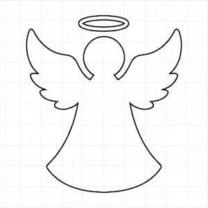 Op de afbeelding: Zwart-witte illustratie van een engel met een halo boven zijn hoofd en gespreide vleugels op een witte rasterachtergrond. Het lichaam van de engel is een eenvoudige, gestileerde vorm.