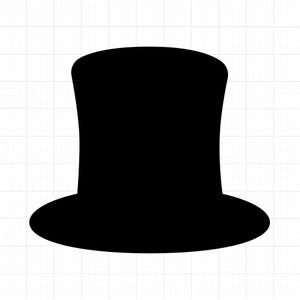 Puede incluir: Silueta de un sombrero de copa negro. El sombrero tiene un ala ancha y una copa cilíndrica alta. La imagen es una representación gráfica simple de un sombrero formal clásico, a menudo asociado con la magia y eventos formales.