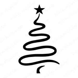 Può includere: Un design minimalista di albero di Natale nero. L'albero è formato da una linea continua e curva, sormontata da una stella a cinque punte. Il design è semplice ed elegante, perfetto per creazioni e decorazioni natalizie.