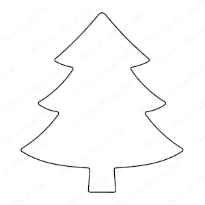 Puede incluir: Un contorno negro de un árbol de Navidad. El árbol tiene una forma clásica con una parte superior puntiaguda y tres niveles de ramas. El tronco es rectangular. Ideal para descargas digitales, manualidades o proyectos navideños.