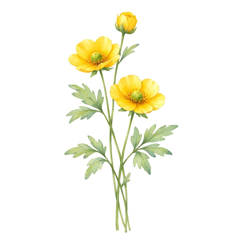 May include: Watercolor illustration of a buttercup plant with bright yellow flowers and green leaves. The flowers have multiple petals and a prominent center. The leaves are a soft green color. The image is set against a white background.