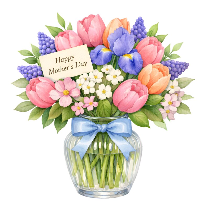 May include: A watercolour illustration of a floral bouquet in a clear glass vase. The bouquet includes pink tulips, purple irises, and other flowers. A card with the text "Happy Mother's Day" is included. A blue ribbon is tied around the vase.