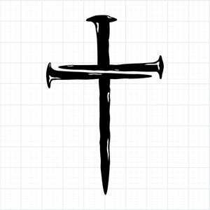 Puede incluir: Ilustración en negro de una cruz, formada con la forma de un clavo. La cruz tiene una viga vertical y una viga horizontal, con las cabezas de los clavos visibles en los extremos. El fondo es una cuadrícula blanca.