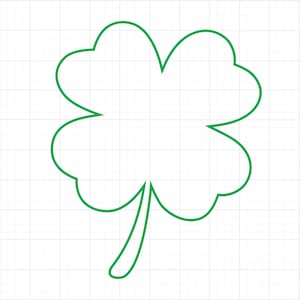 May include: A green outline of a four-leaf clover on a white grid background. The clover has four rounded leaves and a stem, a symbol often associated with St. Patrick's Day and good luck.