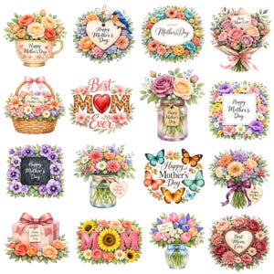 May include: A selection of watercolour illustrations showcasing floral arrangements and bouquets. Each design features flowers, with some incorporating text such as "Happy Mother's Day" and "Best Mom Ever". The colour palette includes pinks, oranges, and blues.