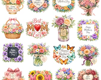 Paquete de 16 diseños de sublimación de imágenes prediseñadas florales en acuarela para el Día de la Madre