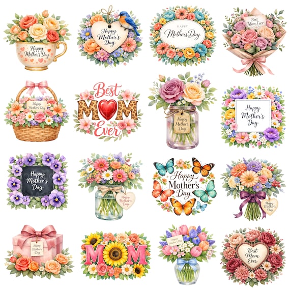 16 Watercolor Mothers Day PNG Bundle Floral Clipart Sublimation Designs