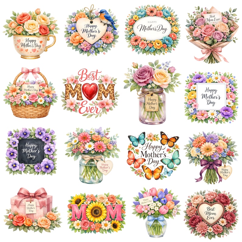 May include: A selection of watercolour illustrations showcasing floral arrangements and bouquets. Each design features flowers, with some incorporating text such as "Happy Mother's Day" and "Best Mom Ever". The colour palette includes pinks, oranges, and blues.
