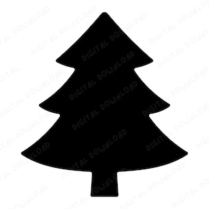 Pode incluir: Silhueta preta de uma árvore de Natal. A árvore tem uma forma triangular com galhos em camadas e um tronco na base. A imagem é um download digital.