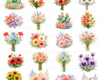May include: Watercolor illustrations of various flower bouquets, including lilies, poppies, and sunflowers. Each bouquet is tied with twine and features a unique color palette, ranging from vibrant reds and yellows to soft pinks and purples. The image showcases a variety of floral arrangements.