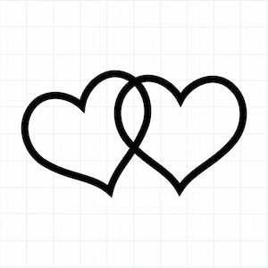 May include: A black line drawing of two intertwined hearts on a white background with a subtle grid pattern. The hearts are stylized and connected, symbolizing love and unity. The design is simple and elegant.