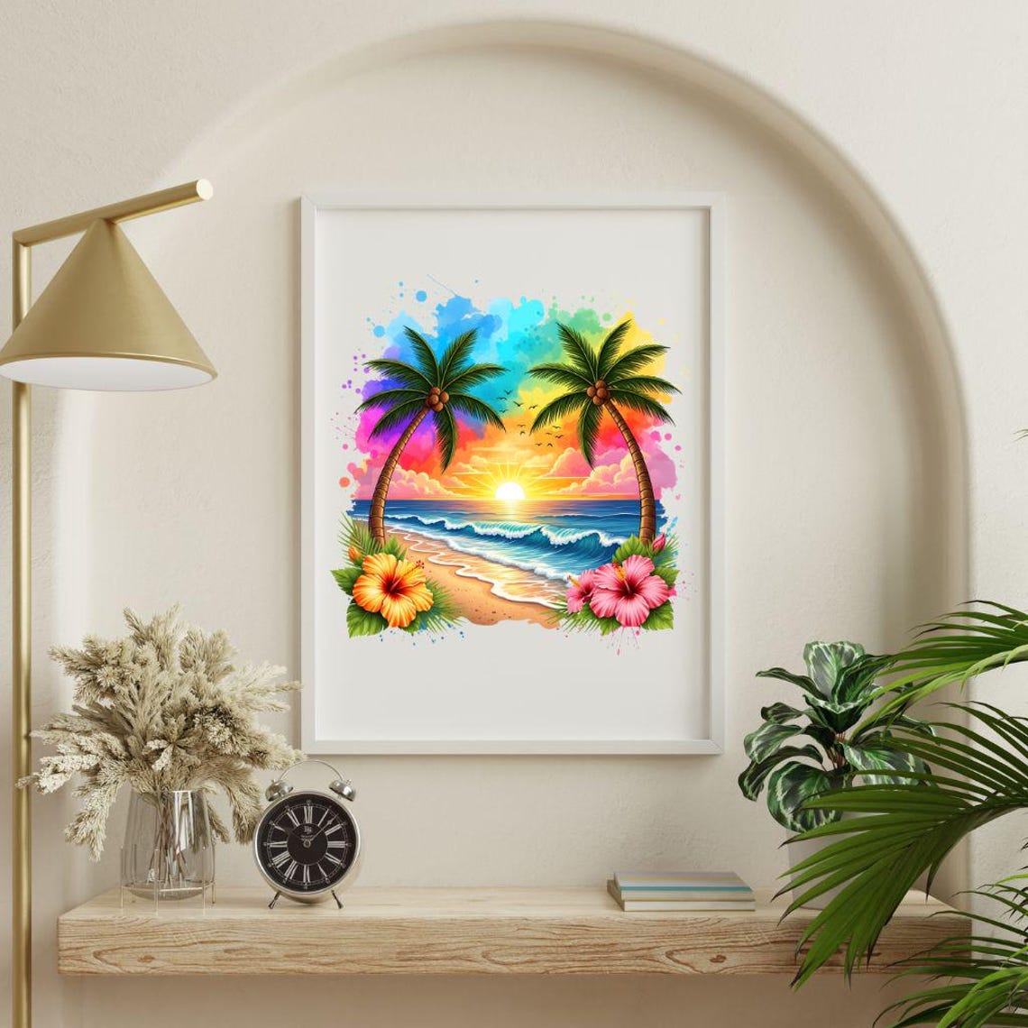 Tropical Beach Sunset PNG Palm Trees Ocean Hibiscus Flowers Summer ...