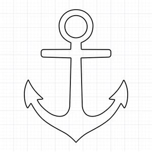 May include: A black outline of an anchor on a white and grey grid background. The anchor has a ring at the top, a horizontal bar, and a long vertical shaft ending in two curved flukes. The design is simple and nautical.