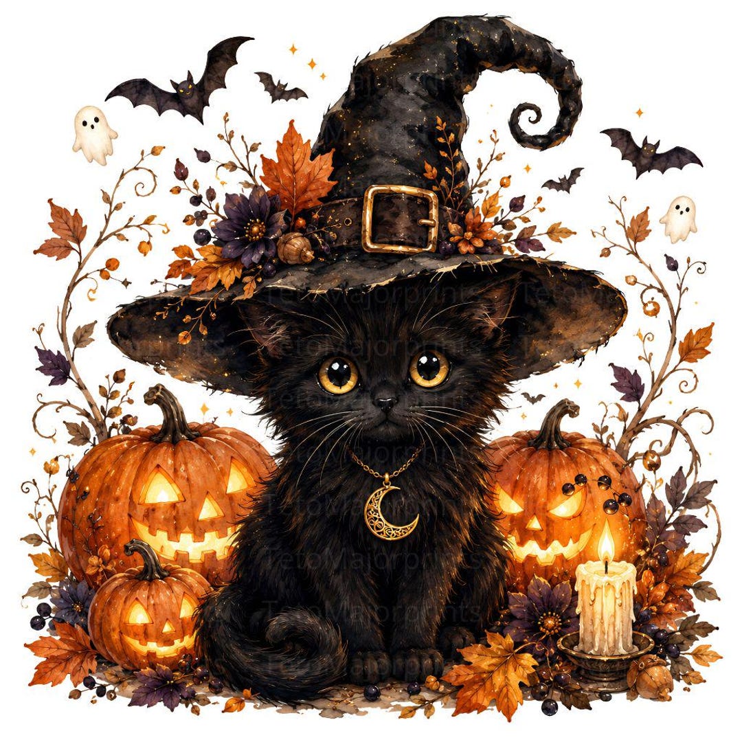Black Cat Witch Bundle PNG JPG, Pumpkin Kitten Clipart, Spooky ...