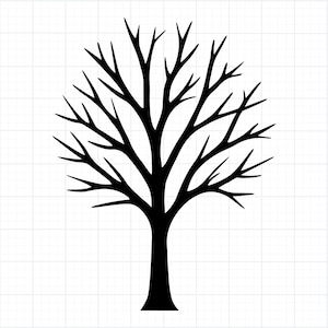 May include: A black silhouette of a tree with many branches. The tree trunk is thick and straight, and the branches reach out in various directions. The background is a white grid pattern.