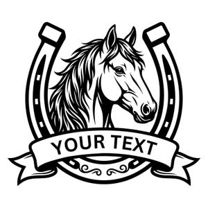 May include: A black and white graphic illustration featuring the head of a horse centered within a horseshoe. Below the horse, a banner spans across the bottom with the words YOUR TEXT printed in a bold, black, sans-serif font on a white background.