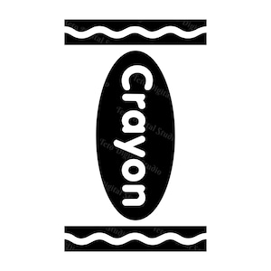 Peut inclure: Une illustration graphique en noir et blanc représentant la forme d'un crayon. Le design présente un ovale vertical central contenant le mot Crayon en lettres blanches sans empattement, encadré par deux bandes horizontales à motif ondulé.