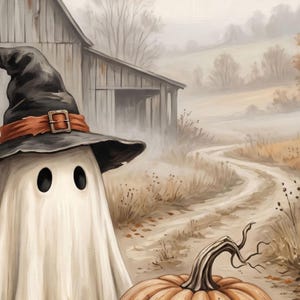 Puede incluir: Una figura de fantasma blanca que lleva un sombrero de bruja negro con una banda naranja y una hebilla met&aacute;lica, situada frente a un granero de madera r&uacute;stico. Una calabaza naranja con un tallo prominente se sit&uacute;a en primer plano en un paisaje rural.