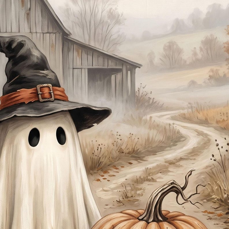 Puede incluir: Una figura de fantasma blanca que lleva un sombrero de bruja negro con una banda naranja y una hebilla met&aacute;lica, situada frente a un granero de madera r&uacute;stico. Una calabaza naranja con un tallo prominente se sit&uacute;a en primer plano en un paisaje rural.